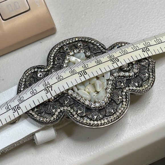 Vintage Cache Belt White Studded Leather Beaded Rhinestone Metal Buckle M - Picture 9 of 14